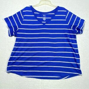 Sonoma Everyday Tee Women's 1X Blue White Striped Short Sleeve V Neck Casual Top